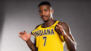Sep 29, 2025; Indianapolis, IN, USA;  Indiana Pacers guard Kam Jones (7) poses for a photo during media day. Mandatory Credit: Trevor Ruszkowski-Imagn Images
