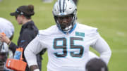 Jun 4, 2024; Charlotte, NC, USA; Carolina Panthers defensive tackle Derek Brown (95) during OTAs. Mandatory Credit: Jim Dedmon-USA TODAY Sports