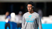 Nov 9, 2025; Charlotte, North Carolina, USA; Carolina Panthers quarterback Bryce Young (9) warms up before the game against the New Orleans Saints at Bank of America Stadium. Mandatory Credit: Jim Dedmon-Imagn Images