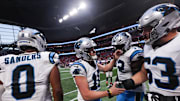 Nov 16, 2025; Atlanta, Georgia, USA; Carolina Panthers kicker Ryan Fitzgerald (10) shakes hands with teammates after scoring the game winning field goal against the Atlanta Falcons at Mercedes-Benz Stadium. Mandatory Credit: Brett Davis-Imagn Images