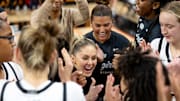 Oklahoma State's Head Coach Jacie Hoyt celebrates with the team after a women  s college basketball game against Oklahoma Christian Tuesday, Oct. 31, 2023, in Stillwater, Okla. (Mitch Alcala for the Oklahoman)