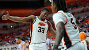 Oklahoma State Cowboys forward Abou Ousmane (33) celebrates during a men's BIG 12 basketball game between the Oklahoma State University Cowboys (OSU) and the Kansas State Wildcats at Gallagher-Iba Arena in Stillwater, Okla., Tuesday, Jan. 7, 2025. Oklahoma State won 79-66,