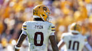 Oct 18, 2025; Tempe, Arizona, USA; Detailed view of the jersey of Arizona State Sun Devils wide receiver Jordyn Tyson (0) against the Texas Tech Red Raiders at Mountain America Stadium. Mandatory Credit: Mark J. Rebilas-Imagn Images