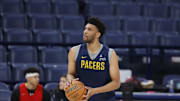 Jun 4, 2025; Oklahoma City, OK, USA; Indiana Pacers center Tony Bradley (13) during NBA Finals Media Day at Paycom Center. Mandatory Credit: Alonzo Adams-Imagn Images