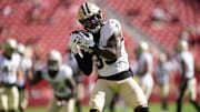 New Orleans Saints running back Jordan Mims holds onto the ball before the start of the game against the San Francisco 49ers. Mandatory Credit: Cary Edmondson-Imagn Images