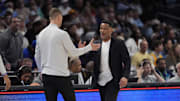Mar 13, 2025; Charlotte, NC, USA; Duke Blue Devils head coach Jon Scheyer and Georgia Tech Yellow Jackets head coach Damon Stoudamire greet at the end of  the second half at Spectrum Center. Mandatory Credit: Jim Dedmon-Imagn Images
