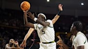Jan 11, 2025; Tempe, Arizona, USA; Baylor Bears forward Jason Asemota (5) against the Arizona State Sun Devils at Desert Financial Arena. Mandatory Credit: Mark J. Rebilas-Imagn Images