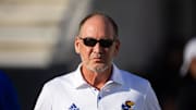 Oct 5, 2024; Tempe, Arizona, USA; Kansas Jayhawks head coach Lance Leipold against the Arizona State Sun Devils at Mountain America Stadium. Mandatory Credit: Mark J. Rebilas-Imagn Images