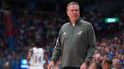 Kansas Jayhawks head coach Bill Self looks back at his bench during the second half of the exhibition game against Fort Hays State Tigers inside Allen Fieldhouse on Tuesday, October, 28, 2025.