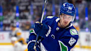 Apr 23, 2024; Vancouver, British Columbia, CAN;  Vancouver Canucks forward Nils Aman (88) shoots in warm up prior to game two of the first round of the 2024 Stanley Cup Playoffs against the Nashville Predators at Rogers Arena. Mandatory Credit: Bob Frid-Imagn Images