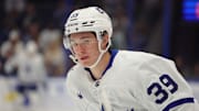 Oct 21, 2023; Tampa, Florida, USA;  Toronto Maple Leafs center Fraser Minten (39) warms up before a game against the Tampa Bay Lightning at Amalie Arena. Mandatory Credit: Nathan Ray Seebeck-Imagn Images