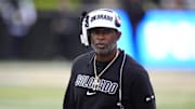 Oct 11, 2025; Boulder, Colorado, USA; Colorado Buffaloes head coach Deion Sanders during the first quarter against the Iowa State Cyclones at Folsom Field. Mandatory Credit: Ron Chenoy-Imagn Images