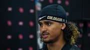 Jul 9, 2025; Frisco, TX, USA; Colorado quarterback Julian Lewis speaks with the media during 2025 Big 12 Football Media Days at The Star. Mandatory Credit: Raymond Carlin III-Imagn Images