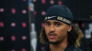 Jul 9, 2025; Frisco, TX, USA; Colorado quarterback Julian Lewis speaks with the media during 2025 Big 12 Football Media Days at The Star. Mandatory Credit: Raymond Carlin III-Imagn Images