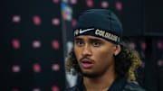Jul 9, 2025; Frisco, TX, USA; Colorado quarterback Julian Lewis speaks with the media during 2025 Big 12 Football Media Days at The Star. 