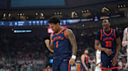 Dec 3, 2025; Austin, Texas, USA; Virginia Cavaliers guard Mark Thomas (1) reacts to a basket during the second half against the Texas Longhorns at Moody Center. Mandatory Credit: Dustin Safranek-Imagn Images