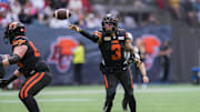 Jun 17, 2023; Vancouver, British Columbia, CAN; BC Lions quarterback Vernon Adams Jr. (3) makes a pass against the Edmonton Elks in the first half at BC Place. Mandatory Credit: Bob Frid-Imagn Images