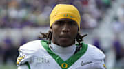 Sep 13, 2025; Evanston, Illinois, USA; Headshot of Oregon Ducks wide receiver Dakorien Moore (1)  against the Northwestern Wildcats during the second half at Northwestern Medicine Field at Martin Stadium. 