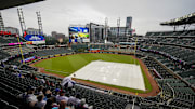 Jul 6, 2024; Cumberland, Georgia, USA; General views of a rain delay before the start of the game between the Philadelphia Phillies against the Atlanta Braves at Truist Park.