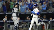 Kansas City Royals shortstop Bobby Witt Jr. (7) scores during the sixth inning against the New York Yankees during game four of the ALDS for the 2024 MLB Playoffs at Kauffman Stadium on Oct 10.