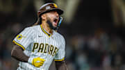 San Diego, California, USA; San Diego Padres right fielder Fernando Tatis Jr. (23) celebrates after hitting a walk-off two run home run during the ninth inning against the Los Angeles Angels at Petco Park.