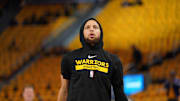 May 2, 2023; San Francisco, California, USA; Golden State Warriors guard Stephen Curry (30) stands on the court before the start of game one of the 2023 NBA playoffs against the Los Angeles Lakers at the Chase Center. Mandatory Credit: Cary Edmondson-Imagn Images