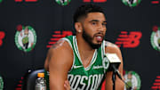 Sep 24, 2024; Boston, MA, USA;  Boston Celtics forward Jayson Tatum (0) talks to reporters during media day at Auerbach Center. Mandatory Credit: David Butler II-Imagn Images