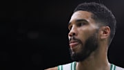 Oct 28, 2024; Boston, Massachusetts, USA; Boston Celtics forward Jayson Tatum (0) reacts during the second half against the Milwaukee Bucks at TD Garden. Mandatory Credit: Paul Rutherford-Imagn Images