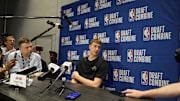 May 14, 2025; Chicago, Il, USA; Cooper Flagg talks to the media during the 2025 NBA Draft Combine at Marriott Marquis Chicago. Mandatory Credit: David Banks-Imagn Images