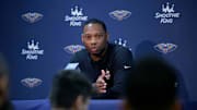Oct 2, 2023; New Orleans, LA, USA; New Orleans Pelicans head coach Willie Green speaks during Media Day at the Smoothie King Center. Mandatory Credit: Matthew Hinton-Imagn Images