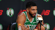 Sep 24, 2024; Boston, MA, USA;  Boston Celtics forward Jayson Tatum (0) talks to reporters during media day at Auerbach Center. Mandatory Credit: David Butler II-Imagn Images