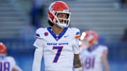 Nov 16, 2024; San Jose, California, USA; Boise State Broncos quarterback Malachi Nelson (7) stands on the field before the start of the game against the San Jose State Spartans at CEFCU Stadium. Mandatory Credit: Cary Edmondson-Imagn Images