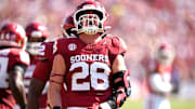 Oklahoma Sooners linebacker Danny Stutsman (28) celebrates a play in the first half of the Red River Rivalry college football game between the University of Oklahoma Sooners and the Texas Longhorn at the Cotton Bowl Stadium in Dallas, Texas, Saturday, Oct., 12, 2024.