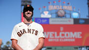 Jul 26, 2023; San Francisco, California, USA; San Francisco Giants 2023 first round draft pick Bryce Eldridge poses for a photo before the game against the Oakland Athletics at Oracle Park. 