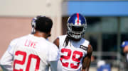 New York Giants safeties Xavier McKinney (29) and Julian Love (20) on the first day of training camp at Quest Diagnostics Training Center in East Rutherford on Wednesday, July 27, 2022