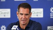 Jul 23, 2025; East Rutherford, NJ, USA; New York Giants general manager Joe Schoen talks with media during training camp at Quest Diagnostics Training Center.