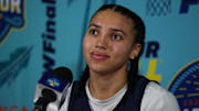 Apr 5, 2025; Tampa, FL, USA; UConn Huskies guard Azzi Fudd (35) talks to media before the NCAA Woman’s Final practice at Amalie Arena. Mandatory Credit: Nathan Ray Seebeck-Imagn Images