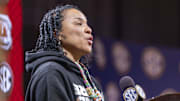 Oct 14, 2025; Birmingham, AL, USA; South Carolina Gamecocks head coach Dawn Staley talks with the media during SEC Media Days at Grand Bohemian Hotel. Mandatory Credit: Vasha Hunt-Imagn Images
