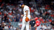 Sep 1, 2025; Houston, Texas, USA; Houston Astros starting pitcher Luis Garcia (77) reacts after giving up a home run to Los Angeles Angels shortstop Zach Neto (9) during the fourth inning at Daikin Park. 