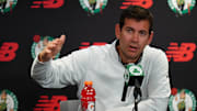Oct 2, 2023; Boston, Celtics, USA; Boston Celtics president of basketball operations Brad Stevens talks during Boston Celtics Media Day. Mandatory Credit: David Butler II-Imagn Images