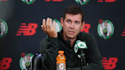 Sep 29, 2025; Boston, MA, USA; Boston Celtics president of basketball operations Brad Stevens talks to reporters during media day at the Auerbach Center. Mandatory Credit: David Butler II-Imagn Images