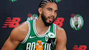 Sep 29, 2025; Boston, MA, USA;Boston Celtics forward Jayson Tatum (0) talks with reporters during media day at the Auerbach Center. Mandatory Credit: David Butler II-Imagn Images