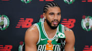 Sep 29, 2025; Boston, MA, USA;Boston Celtics forward Jayson Tatum (0) talks with reporters during media day at the Auerbach Center. Mandatory Credit: David Butler II-Imagn Images