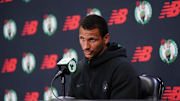 Sep 29, 2025; Boston, MA, USA; Boston Celtics head coach Joe Mazzulla talks with reporters during media day at the Auerbach Center. Mandatory Credit: David Butler II-Imagn Images