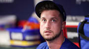 Sep 8, 2025; Atlanta, Georgia, USA; Chicago Cubs right fielder Kyle Tucker (30) in the dugout against the Atlanta Braves in the eighth inning at Truist Park.