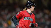 Sep 26, 2025; San Diego, California, USA; Arizona Diamondbacks left fielder Jake McCarthy (31) hits a one run home run during the third inning against the San Diego Padres at Petco Park. Mandatory Credit: David Frerker-Imagn Images