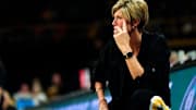 Iowa head coach Jan Jensen watches her team Oct. 30, 2025 during an exhibition game against the Ashland Eagles at Carver-Hawkeye Arena in Iowa City, Iowa.