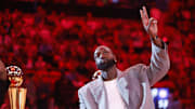 Oct 28, 2024; Miami, Florida, USA; Former Miami Heat guard Dwyane Wade is honored at halftime during the game against the Detroit Pistons at Kaseya Center. Mandatory Credit: Rhona Wise-Imagn Images