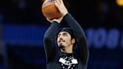 Oct 12, 2025; Orlando, Florida, USA; Miami Heat guard Jaime Jaquez Jr. (11) shoots the ball before a game against the Orlando Magic at Kia Center. Mandatory Credit: Matt Pendleton-Imagn Images
