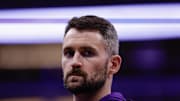 Oct 24, 2025; Sacramento, California, USA; Utah Jazz forward Kevin Love (42) on the court during a timeout against the Sacramento Kings during the second quarter at Golden 1 Center. Mandatory Credit: Kelley L Cox-Imagn Images